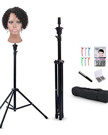 Klvied Reinforced Wig Stand Tripod Mannequin Head Stand, Adjustable Holder for Cosmetology Hairdressing Training with T-with Caps, T-Pins, Comb, Hair Clip, Carrying Bag
