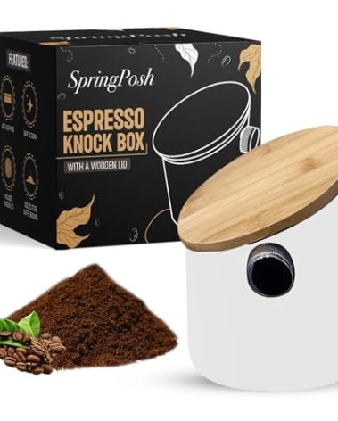 SpringPosh Knock Box with Premium Maple Wood Lid for Coffee & Espresso Grounds, Espresso Machine Accessory, Easy Disposal of Coffee Pucks, Removable Knock Bar, 5.3-inch Opening (Champagne White)