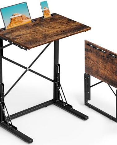 Evermagin 21''Wx28''H Folding TV Tray for Eating, Small Foldable C-Shaped Tray Table with Tablet and Phone Slots, Slide Under Couch Side Table for Recliner, Living Room, Bedroom, Rustic Brown