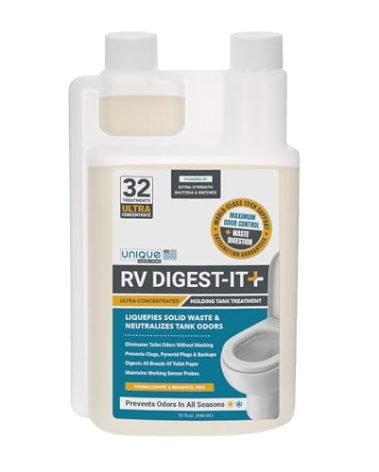 Unique RV Digest-It Ultra - 32 Super Concentrated RV Toilet Treatments - Eliminates Smells and Liquifies Waste, Easy-Measure Extra-Strength Bio-Enzymatic Holding Tank Treatment (32 oz)