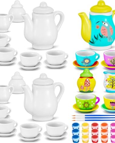 PullCrease 45 Pcs Spring Paint Your Own Tea Kit Craft DIY Tea Kit for Kids Ages 8+ Mini Ceramic Tea Cups to Paint Including Porcelain Dishes Brush for Party Girls Boys Set(Cute Style)