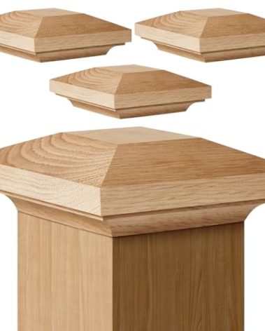 Sasylvia 4 Pcs Wood Newel Post Flat Peak Red Oak Newel Post Cap Mounting Kit for Indoor Stair Outdoor Fences Mailboxes Decks (3 x 3 Inch)