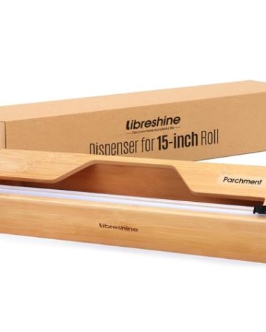 Libreshine 15 Inch Parchment Paper Dispenser with Cutter for Costco-Sized Roll, Bamboo Kitchen Drawer Organizer for Foil & Wax Paper, Wall-Mounted Large Food Wrap Holder