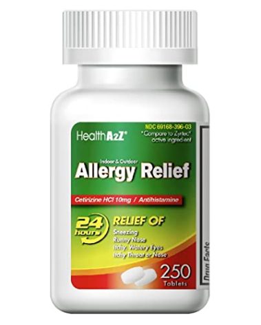 HealthA2Z® Allergy Relief | Cetirizine 10mg | All Day Allergy Relief | Indoor & Outdoor | Relief from Itchy Throat, Sneezing, Runny Noses (250 Count (Pack of 1))