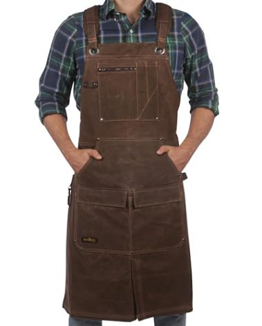 ecoZen 16oz Waxed Canvas Work Apron with Pockets - Waterproof, Fully Adjustable to Comfortably Fit Men and Women, 27 x 34 inches, Tough Tool Apron for Lasting Protection - Brown, Size S to XXL