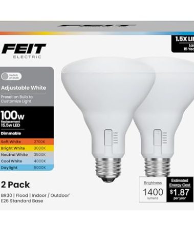 Feit Electric BR30 LED Light Bulb, 100W Equivalent, Dimmable, 5CCT, E26 Medium Base, 90 CRI, 1400 Lumens, Adjustable White, 13 Years Lifetime, 2 Pack, BR30100DM5CCTCA15K/2