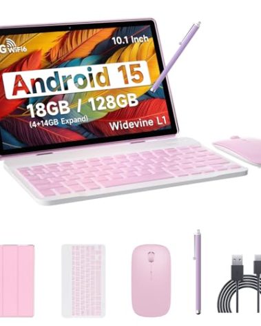 Android 15 Tablet, 10 Inch 18GB RAM+128GB ROM/ 2TB Expandable Tablet PC, Quad-core 2.0GHz Processor, 1280*800 10" HD Touch Screen, 2.4G/5G WiFi 6 BT 5.0, 2 in 1 Tablets with Keyboard Case Mouse Stylus