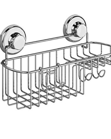HASKO Shower Caddy Suction Cup, Shower Shelf with Soap Dish and Hooks Organizer, Suction Bathroom Shelf for Storage, Wall Mounted Basket, Silver