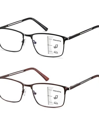 LKEYE Progressive Multifocus Reading Glasses Men No Line Multifocal Transition Blue Light Computer Readers Metal Full Wide Frame Spring Hinge Multi Focus Designer Magnifying Eyeglasses Brown +1.50