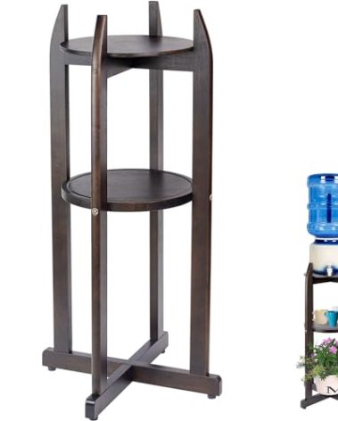 Natural Solid Wood Water Dispenser Stand (32.8"Hight-11.2"Wide) Ceramic Water Dispenser Floor Stand, 5 Gallon Water Jug Stand with 2 Round Shelfs Included for 1-5 Gallon Water Bottles/Crocks/Water Jug