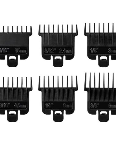 6Pcs Hair Clipper Guards Compatible with Baybliss FX787 and Andis T Outliner G, GO, GTO, ORL, LS2, LS3, PLS, PMT-1, RT-1, SLII, Trimmer Guards Replacement - 1/16" to 3/8", Black Color
