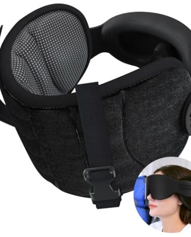SARISUN Travel Pillows for Airplanes, Airplane Pillow for Long Flight Car Road Trip, Airplane Head Strap with Sleep Eye Mask, 360° Support Headrest, Stop Bobblehead Travel Neck Pillow, Mottled Black