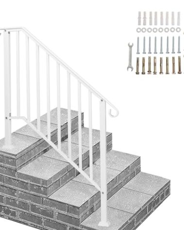 Outvita Handrails for Outdoor Steps, Wrought Iron Handrail Fits 3 or 4 Steps, Transitional Handrail with Installation Kit, Stair Railing for Concrete Steps or Wooden Stairs(White)