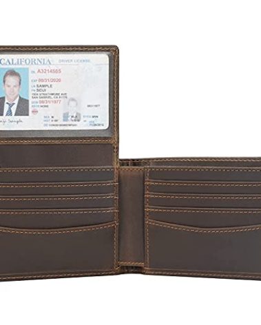 Polare RFID Blocking Cowhide Leather Bifold Wallet For Men with 2 ID Windows(Dark Brown)