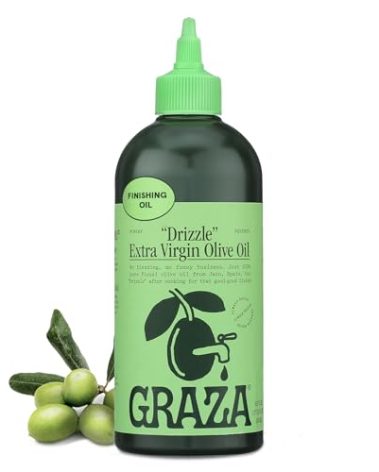 Graza Drizzle Extra Virgin Olive Oil, Finishing Oil - High Polyphenol Early Harvest EVOO Finishing Oil in a Squeeze Bottle - Single Origin Olive Oils from Spain - 16.9 Fl Oz (500ml)