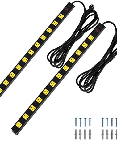 SURAIELEC 12 Outlet Long Metal Power Strip, 15FT Cord Surge Protector, Angled Flat Plug, Wide Spaced Outlet Bar, 15A Breaker, Wall Mountable, Industrial Heavy Duty for Work Bench, Shop, Garage, 2 Pack