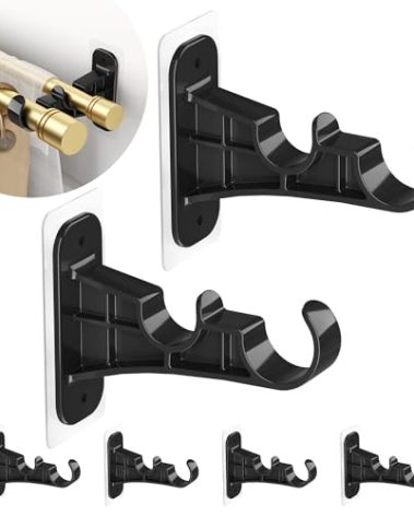 MUAKIOY No Drill Double Curtain Rod Brackets, 6-Pack Black Self Adhesive Curtain Rod Holders Nail-Free, Double Rods Hooks Hanger Supports 1 to 1.2'' Drapery Rods for Living Room Bedroom