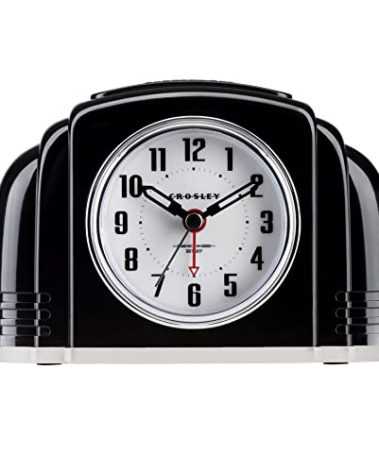 Timelink Crosley Vintage Art Deco Analog Alarm Clock, Quiet Sweep Non-Ticking, Automatic Dimmable Smart Light, Simple Controls, (Black)