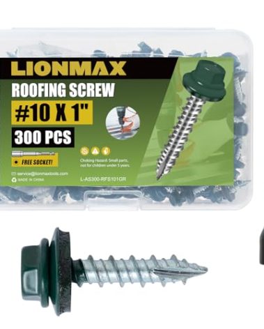LIONMAX Metal Roofing Screws #10 × 1 Inch, 300-PCS, Forest/Ivy Green Painted Hex Head Sheet Metal Roof Screws, Rubber Washer, Sharp Point, Metal to Wood Siding Screws, Hex Socket Included