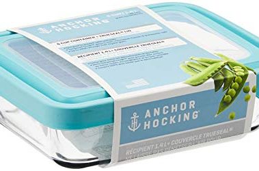Anchor Hocking TrueSeal Glass Food Storage Containers with Mineral Blue Airtight Lids, 6 Cup Capacity (48 Oz), Rectangle, Pack of 4