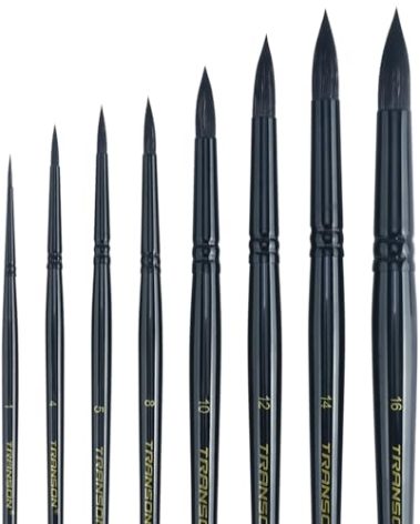 Transon 8pcs Round Watercolor Paint Brush Set Goat Hair for Watercolors,Acrylics,Inks,Gouache,Oil and Tempera Black Color