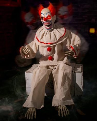 Halloween Animatronic Sitting Clown, Halloween Animated Decorations with Sound Activated, Creepy Sound, Light Up Eyes, Scary Move, Haunted House Holiday Spooky Decor Horror Prop, for Indoor Outdoor