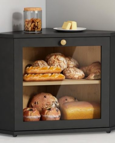 Goozii Corner Bread Box for Kitchen Countertop, Black Bread Storage Container for Homemade Bread, Two Layer Breadbox under Cabinet Mount, Large Bread Holder for Kitchen Counter, Panry Shelf