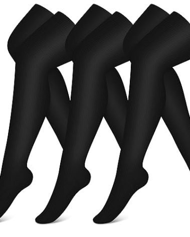 CHARMKING Thigh High Compression Socks for Women & Men Circulation (3 Pairs) Over the Knee High Stocking is Best for Running, Flight Travel, Supporting, Cycling, Pregnant 15-20 mmHg (L/XL, Black)