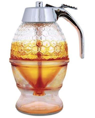 Hunnibi 8oz No Drip Glass Honey Dispenser with Plastic Top - Honeycomb-Style Syrup Server and Bee-Themed Storage Jar with Stand - 6" Clear Container for Honey, Maple Syrup