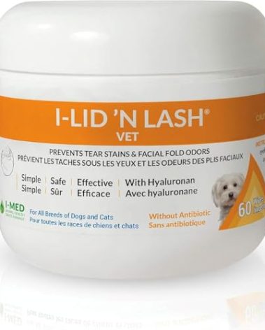 I-LID ’N LASH Vet Dog Eye Wipes - Best Tear Stain Preventer for Dogs (60 Wipes) | Prevents Puppy Tear Stains with Hyaluronan | Cat Eye Wipes for Discharge - No Antibiotics or Harmful Chemicals