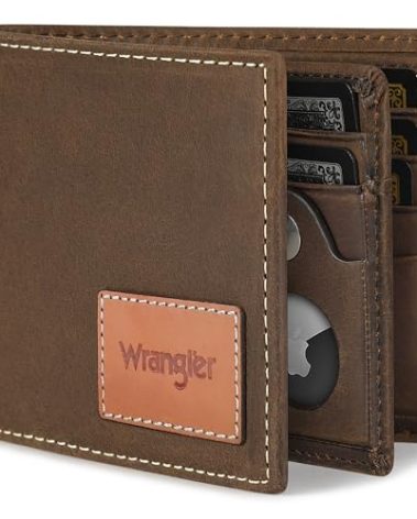 Wrangler Men's Wallet with AirTag Holder, Genuine Leather, RFID Blocking, Bifold, Casual 10-20 Cards Purse, Gift for Him