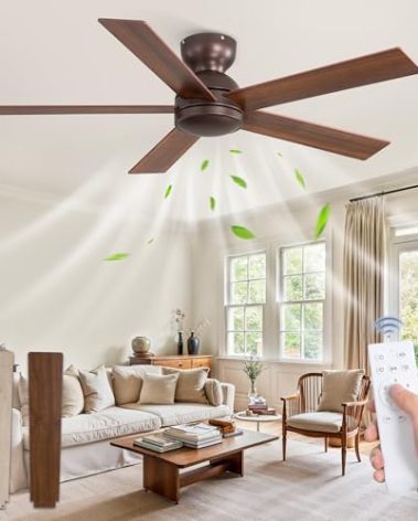 48 Inch Low Profile Ceiling Fan without Lights, Brown Farmhouse Ceiling Fan no Light, 6-Speeds, Quiet Reversible DC Motor, Indoor/Outdoor Ceiling Fans with Remote for Patio, Living Room, Bedroom