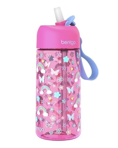 Bentgo Kids Water Bottle - Leak-Proof, Durable Tritan, BPA-Free 15 oz. Cup for Kids/Toddlers Ages 3+, Safe Sip Spout, Carrying Handle, & Dishwasher Safe for School & Sports (Rainbows & Butterflies)
