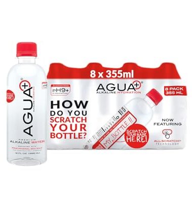 Agua Plus pH9+ Alkaline - 12 fl oz (355mL) Bottles - Enhanced with Pink Mineral Sea Salt for Electrolytes and Minerals - Recycled Plastic and USA Made - 8 Pack