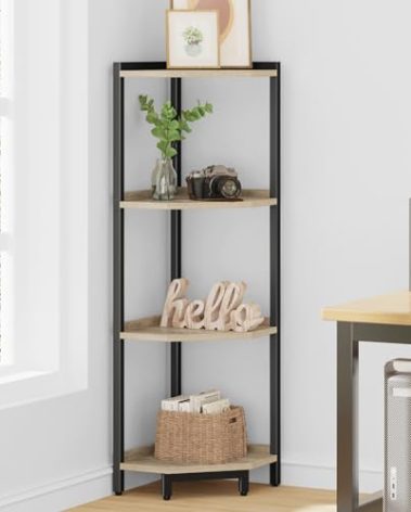 Hzuaneri Corner Shelf Stand, Corner Bookshelf, Storage Standing Shelf Unit with Metal Frame, Plant Stand, Corner Bookcase for Living Room, Home Office, Bedroom, 4-Tier Greige CS05805B