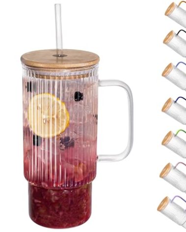 erichbow 32oz Ribbed Glass Cup with Handle Bamboo Lid and Straw, Glass Tumbler, Iced Coffee Cups Hot/Cold Drinks