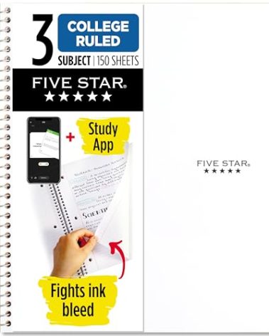 Five Star Spiral Notebook + Study App, 3 Subject, College Ruled Paper, Fights Ink Bleed, Water Resistant Cover, 8-1/2" x 11", 150 Sheets, White (72464)