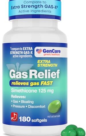 GenCare -Extra Strength Gas Relief Simethicone 125mg (180 Softgels) Maximum Strength Anti Gas Pills for Bloating Relief, Pressure & Discomfort - Compare to Generic Extra Strength Gas X