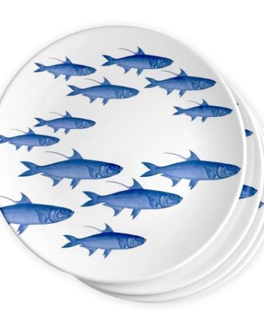 Caskata School of Fish Melamine Dinner Plates, Set of 4 | Dinner Plates for Entertaining and Everyday Use | Perfect for Home, Beach, Pool and Gifting | Blue on White Color | 10.25 in