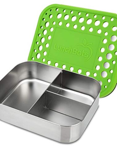 LunchBots Medium Trio II Snack Container - Divided Stainless Steel Food Container - Three Sections for Snacks On the Go - Eco-Friendly, Dishwasher Safe, BPA-Free - Stainless Lid - Green Dots