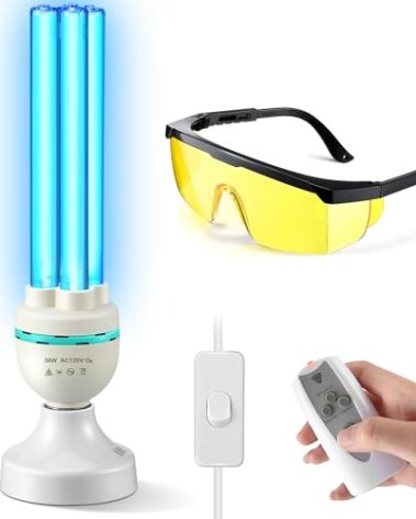 Qualirey 36 Watts UVC Ozone Light with Remote Control and UV Glasses, UV Lamp with E26 Base, 3 Gear Timer 15/30/60 Minutes, UVC Light Bulb for Basement, Bedroom, Kitchen, Storehouse, Car