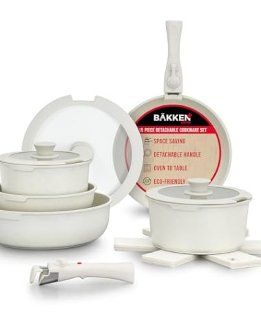 Bakken 15-Piece Non-Stick Cookware Set with Detachable Handles – Granite Stackable Pots and Pans Set, Dishwasher Safe, Oven-Safe, and Compatible Kitchen Essential for All Stoves – Cream