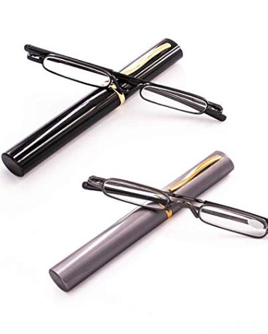 Viseng 2 Pack Slim Mini Metal Reading Glasses Compact Lightweight Portable Readers with Glasses Case for Reading Case +2.0