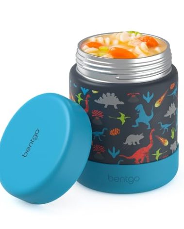 Bentgo Kids Stainless Steel Food Jar - 11oz Leak-Proof Double Insulated Hot or Cold Food Container with Removable Silicone Bumper, Dishwasher Safe, Easy Open Lid, Ages 3+ (Dinosaur)