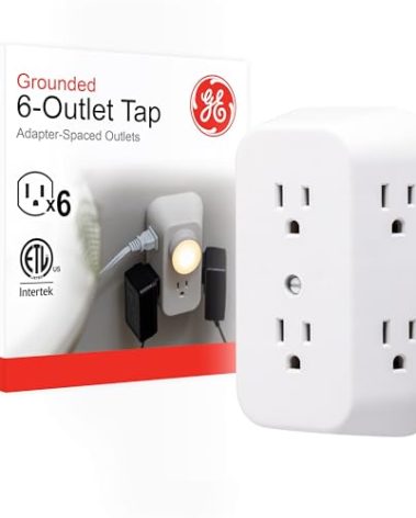 GE 6-Outlet Extender, Grounded Wall Tap, Adapter Spaced Outlets, 3-Prong, Multiple Plug, Quick and Easy Install, Cruise Essentials, ETL Listed, White, 50759