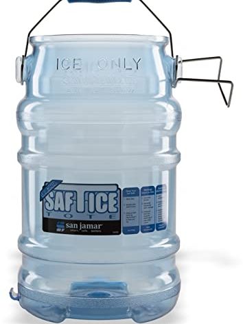 San Jamar Saf-T-Ice Plastic Ice Tote, Ice Bucket with Drying and Storage Hook for Restaurants, Bars, Catering Events, Buffets, 6 Gallons, Blue