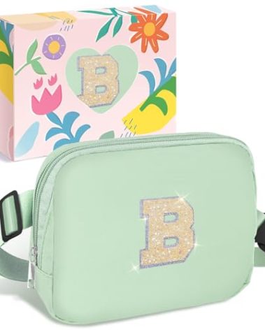COSHAYSOO Green Belt Bag Crossbody Initial Fanny Waist Pack Small Nylon Everyday Daily Purse for Teens Her Girl Friends with Adjustable Strap Preppy Birthday Anniversary Christmas Gift Letter B