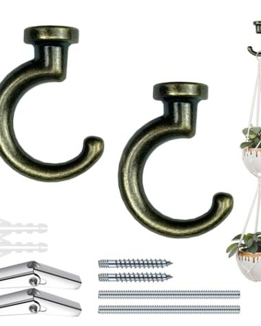OBSTKUCHEN Large Swag Ceiling Hooks Heavy Duty Swag Hook with Hardware for Hanging Plants Ceiling Installation Cavity Wall Fixing (2 Sets, Antique Brass)