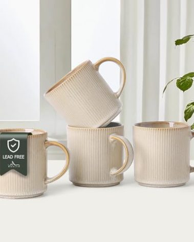 MONITO 16Oz Coffee Mugs Set of 4, Rustic Ceramic Coffee Cups Set with Large Handle, Vintage Striped Stoneware Coffee Mugs for Latte, Cocoa, Tea, Milk, Microwave & Dishwasher Safe, Bonbon Beige