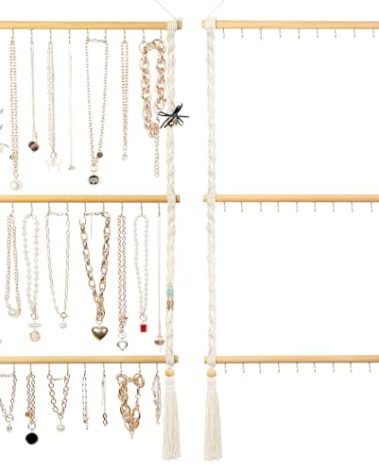 UREYMX Hanging Jewelry Organizer Macrame Necklace Holder, with 30 Hooks, Over Door Necklace Rack, Wall Mounted Jewelry Hanger with Tassel Boho for Necklace Headband Bow Earring Bracelet